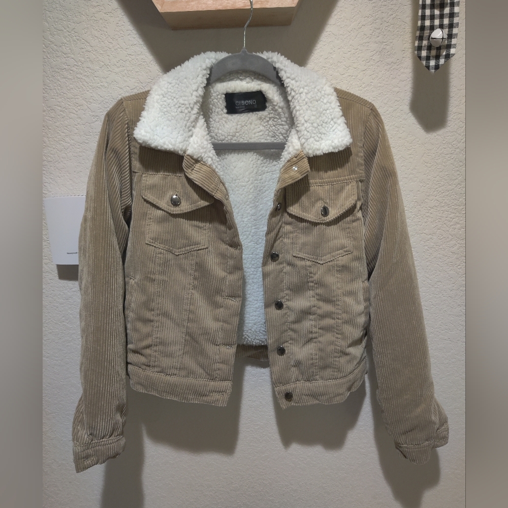 NWOT, XS, corduroy bomber jacket w/ polyester & faux sherling lining, cream/tan